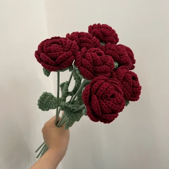1бр 41 см Ръчно плетени Вино-червената Роза на една Кука Тъкани от изкуствени цветя САМ на Сватба парти Фестивален маса, Украса за домашно градина