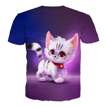 2021 Лятна тениска за момчета с Картина на Котка, Лилави Бебешки Дрехи с 3D Принтом Аниме За момичета, Забавна Тениска с Кръгло деколте, Тениски