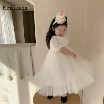 2023 Детско бяла рокля за малки момичета, летни дантелени рокли принцеса с волани, празнични костюми за рожден ден за деца, дрехи за момичета