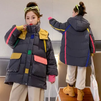 2023 Зимни пухени памучни якета за момичета, палто с качулка, детска връхни дрехи, утепленная парк за тийнейджъри на възраст 5-14 години, зимна костюм