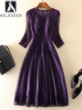 AELESEEN подиумная мода жените лятна рокля Половината ръкави лилаво, бежово луксозен цвете бродерия на окото дълги елегантни празник