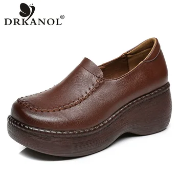 DRKANOL/ Новост Пролетта; женски лоферы от естествена Телешка кожа; Ежедневни обувки на платформа без стягане; Дамски обувки Ръчна изработка на танкетке и обувки в стил Ретро