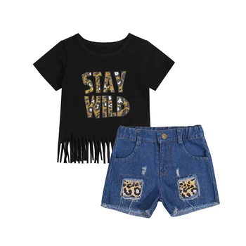 FOCUSNORM/Летни модни комплекти дрехи за момиченца от 1 до 6 години, ризи с къси ръкави с леопардовым писмото принтом, дънкови шорти, 2 бр.
