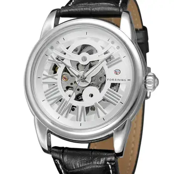 FOESINING Модерен мъжки ежедневни бизнес часовници от хралупата на креативен дизайн, бял циферблат, сребърен корпус, черна кожена каишка мъжки часовник