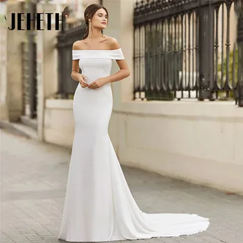 JEHETH Секси сатен сватбени рокли на Русалка с отворен гръб 2023, прости булчинска рокля с открити рамене, струята Robe De Mariée
