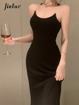 Jielur, лятно ново френско секси рокля на бретелях, тънка, однотонное, обтягивающее рокля на бедрата, дамски черни прекрасни елегантни рокли без ръкави