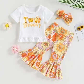 ma & baby / Комплекти Дрехи за деца от 1 до 3 години за Малки Момичета, Летни дрехи, Риза с волани и букви, Разкроена Панталони с цветен модел, Превръзка на главата D01