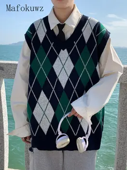 Mafokuwz, есенна жилетка в доп клетка с V-образно деколте, мъжка жилетка в Гонконгском стил, ретро жилетка Оверсайз, младежки тенденция, пуловер без ръкави, яке