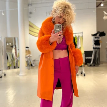 Mariana & Dora Оранжево палто големи размери, дамско палто с яка от естествен лисьего кожа, дълго палто от естествена кожа, тренч