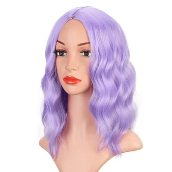MONIXI Синтетичен лавандово-лилаво кратък вълнообразни перука-боб с дължина до раменете, разноцветни перуки за жени, перука за cosplay на Хелоуин за момичета