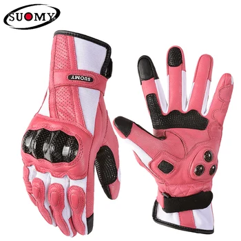 Suomy Лятна байкерская ръкавица, дамски розови ръкавици мотоциклетист, кожени ръкавици със защита от въглеродни влакна за целия пръст за мотокрос