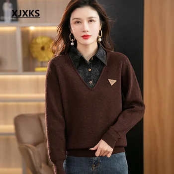XJXKS Модерен женски пуловер от две части с ревери, пролет-зима 2022, нова вълна вязаный женски пуловер с темпераментни шевове,