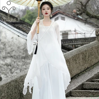 YOSIMI 2023, лятна рокля от две части, Макси-бяло шифоновое рокля с дълъг ръкав, Без женски костюм, Страхотна дълга секси рокля