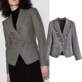 za 2021, нова дамски двубортная сиво яке, палто с отложным яка, дълги палта, дамски градинска връхни дрехи с цветни копчета
