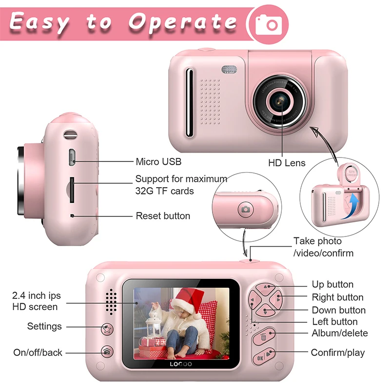Нова детска камера 1080P ръчно изработени 2,4-инчов HD екран, детска цифрова камера видео рекордер Играчки за деца, Подарък за рожден Ден за едно малко момиченце