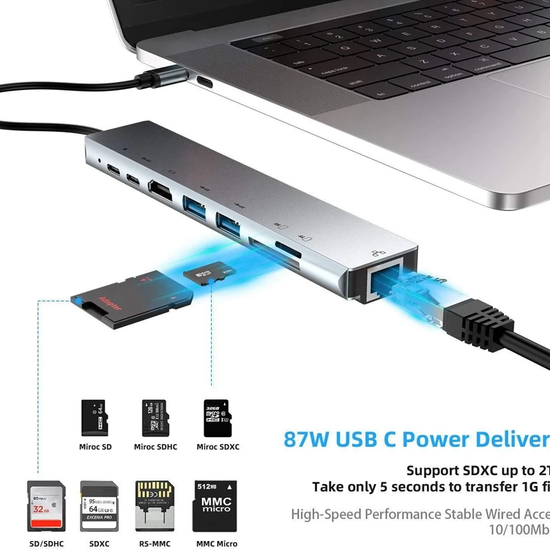 HFES C USB Хъб 8 В 1, Многопортовый адаптер Type C С пристанище, 4K, HDMI, Порт Ethernet 1000 Mbps, RJ-45, Захранван от USB-C, карта TF/SD