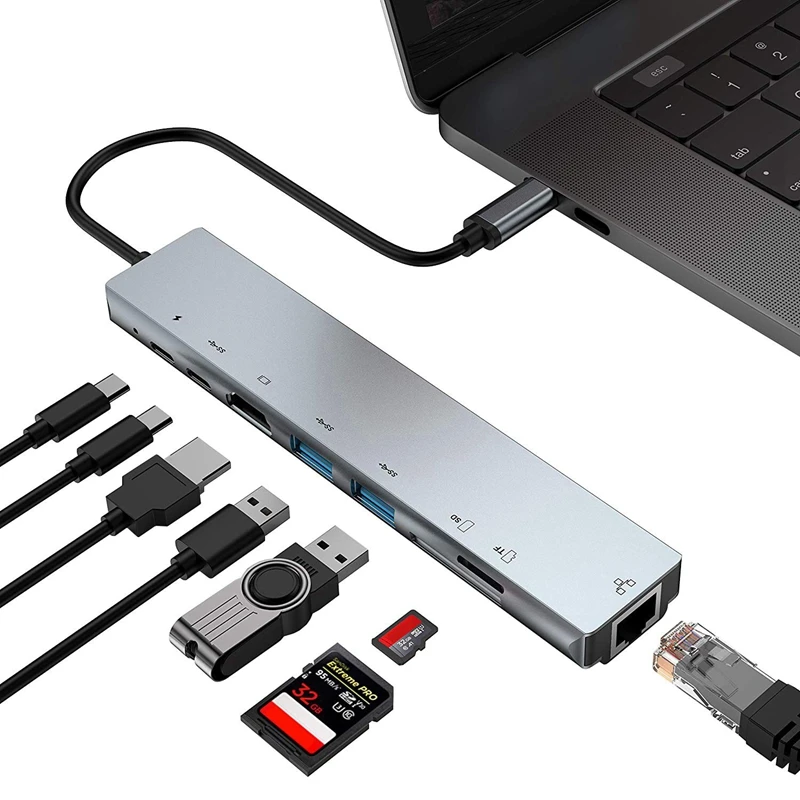HFES C USB Хъб 8 В 1, Многопортовый адаптер Type C С пристанище, 4K, HDMI, Порт Ethernet 1000 Mbps, RJ-45, Захранван от USB-C, карта TF/SD