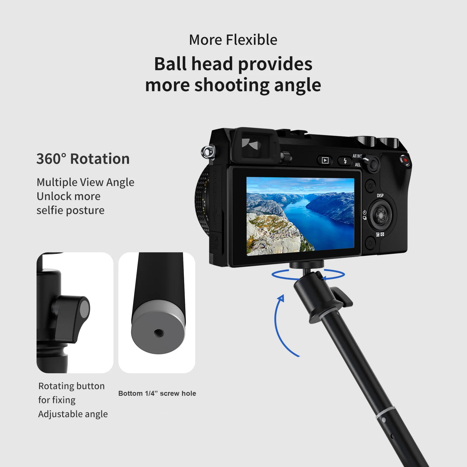 Селфи-стик TELESIN GP-МНП-094-D, 91 см, с Въртяща се топка глава на 360 ° и Адаптер за Прикрепване на Спортни Камери за Директно Излъчване Селфи-видеоблогов