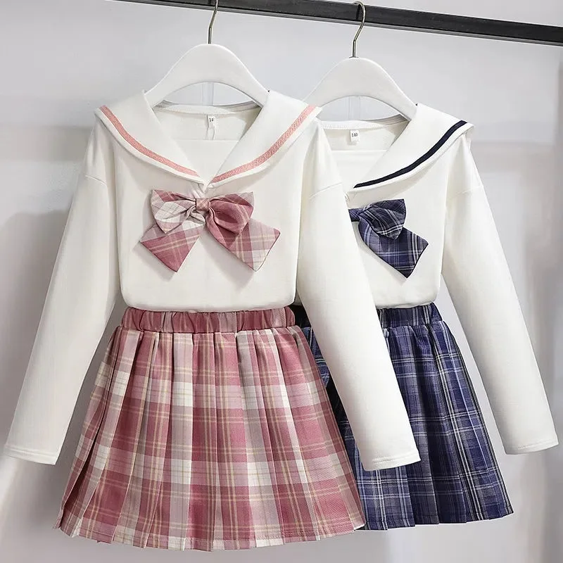 Униформи JK с лък за момичета, пролетно-есенен комплект от 2 теми с дълъг ръкав + къса пола, от 3 до 12 години