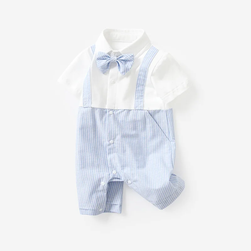 Нов Летен гащеризон за малки момчета с дълъг ръкав в синьо-бял гащеризон с отложным яка в стил мозайка, дрехи за новородено, детски костюм E2343