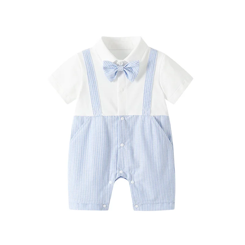 Нов Летен гащеризон за малки момчета с дълъг ръкав в синьо-бял гащеризон с отложным яка в стил мозайка, дрехи за новородено, детски костюм E2343