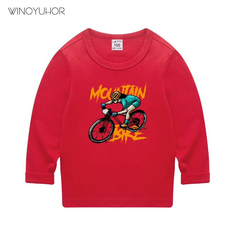 Детска тениска с принтом планински велосипед, памучни есенни тениски с кръгло деколте и дълги ръкави за по-малките момчета, спортни облекла за момичета