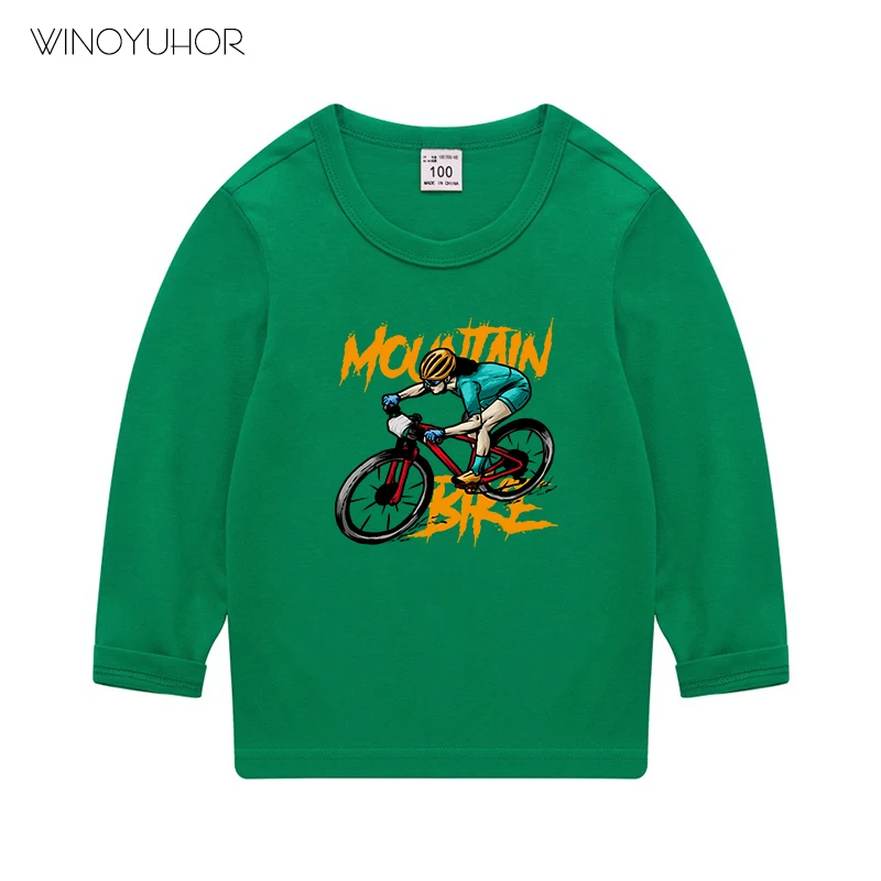 Детска тениска с принтом планински велосипед, памучни есенни тениски с кръгло деколте и дълги ръкави за по-малките момчета, спортни облекла за момичета