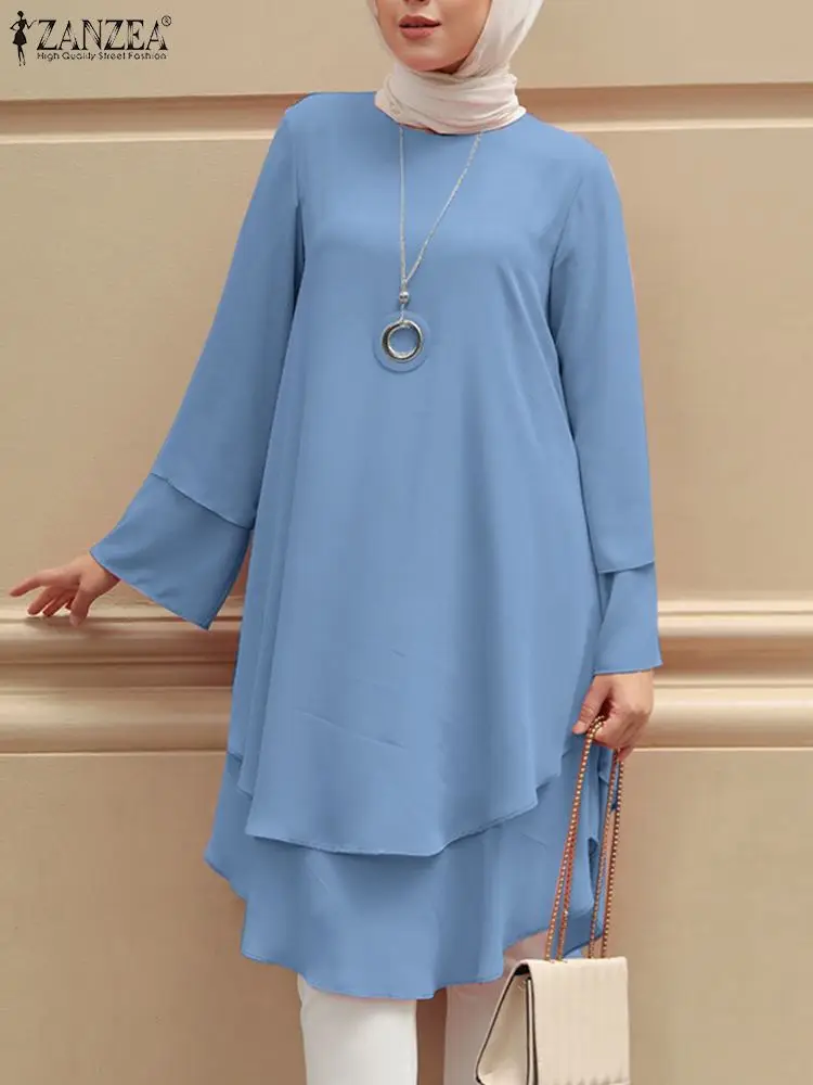 ZANZEA Модни Мюсюлманска Блуза С кръгло деколте, Обикновена Блузы, Елегантни Блузи на Празнични партита, Пролетта на Двуслойни Дизайн, Върхове от Турция, Абая. → 2023