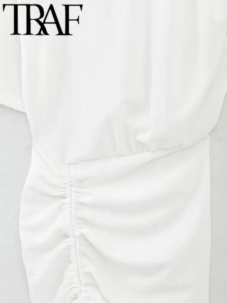 Лятното модно дамско бяла рокля с Трафика на рюшами, завязанное асиметрична драпировкой, къс ръкав, висока талия, женствена мини рокля