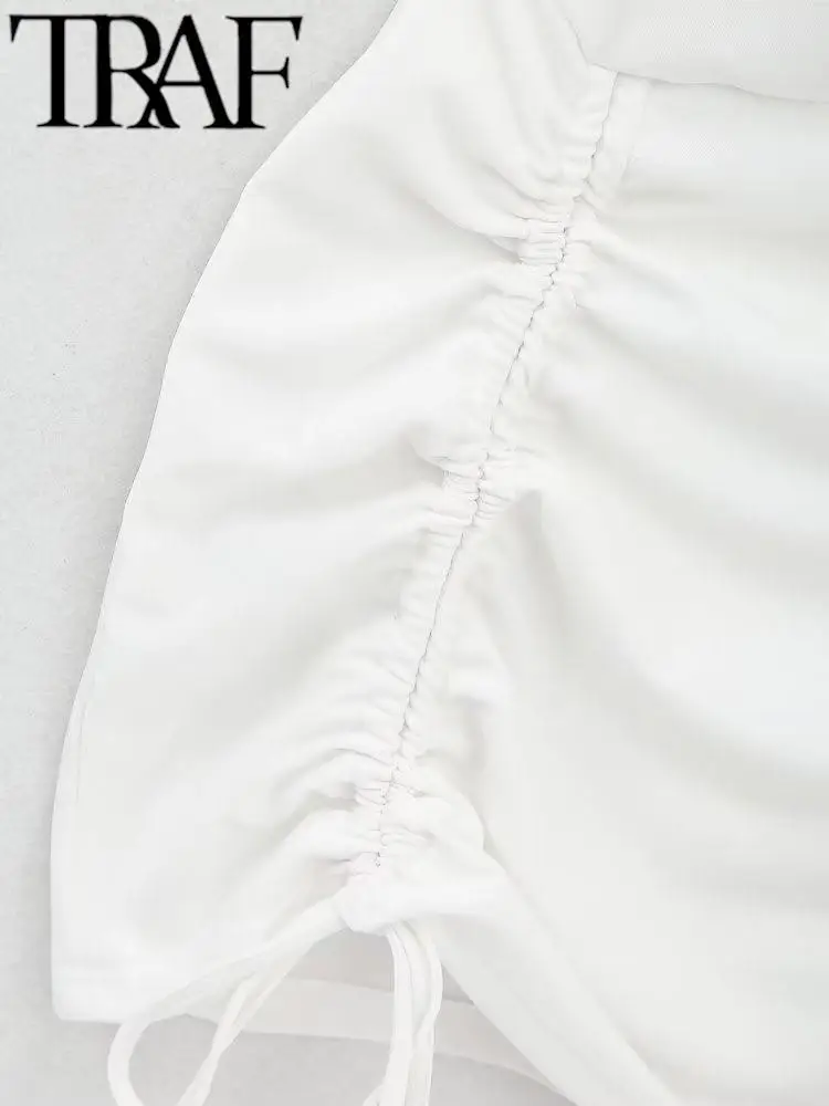 Лятното модно дамско бяла рокля с Трафика на рюшами, завязанное асиметрична драпировкой, къс ръкав, висока талия, женствена мини рокля
