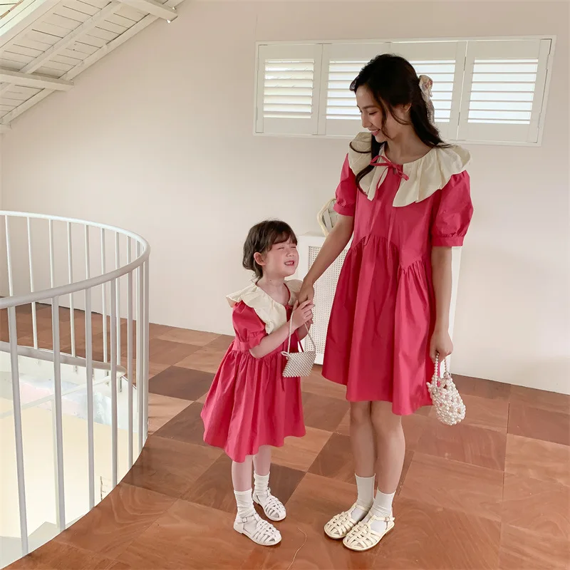 Летни семейни модерни ежедневни рокли от памук с отложным яка за майки и дъщери, однотонное универсално рокля на принцеса