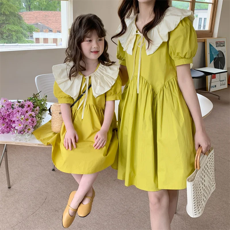 Летни семейни модерни ежедневни рокли от памук с отложным яка за майки и дъщери, однотонное универсално рокля на принцеса