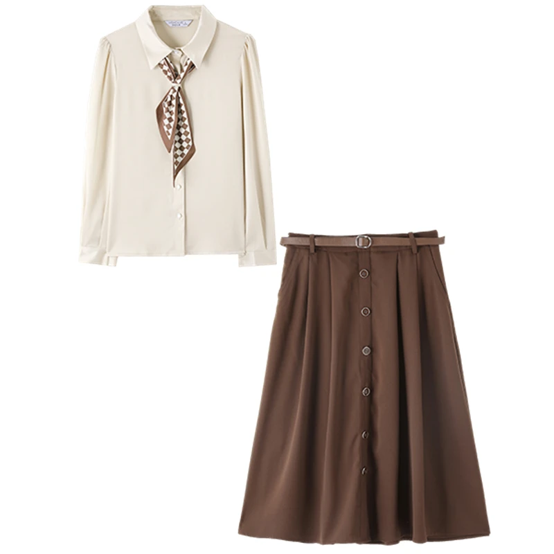 Жена комплект от две части, модни блузи с лък и дълги ръкави, обикновена елегантни ризи с копчета, офис дамски ежедневни плиссированная пола midi