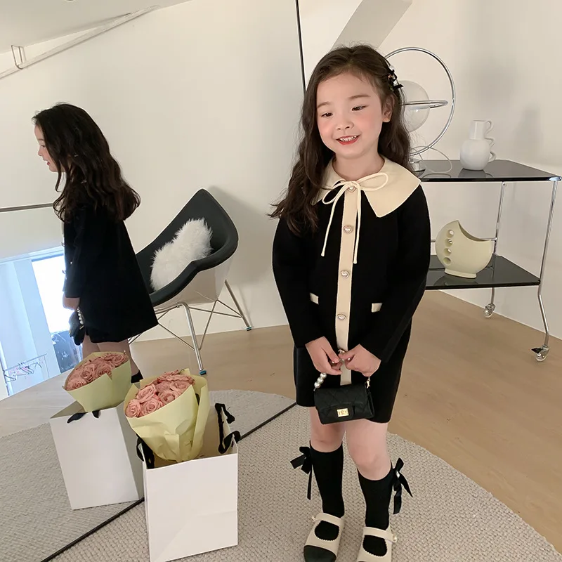 Модно детско рокля с ревера във формата на сърце и жемчужными бутони за малки момичета, модерно плътно топло рокля-пуловер