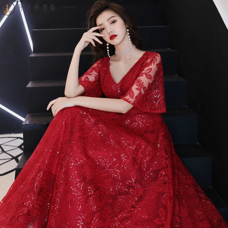 Жена сватбена рокля Harajpee, мода 2023, корейски стил, модни официални рокли трапецовидна форма с къс ръкав и V-образно деколте, червено дамски дантелени рокли