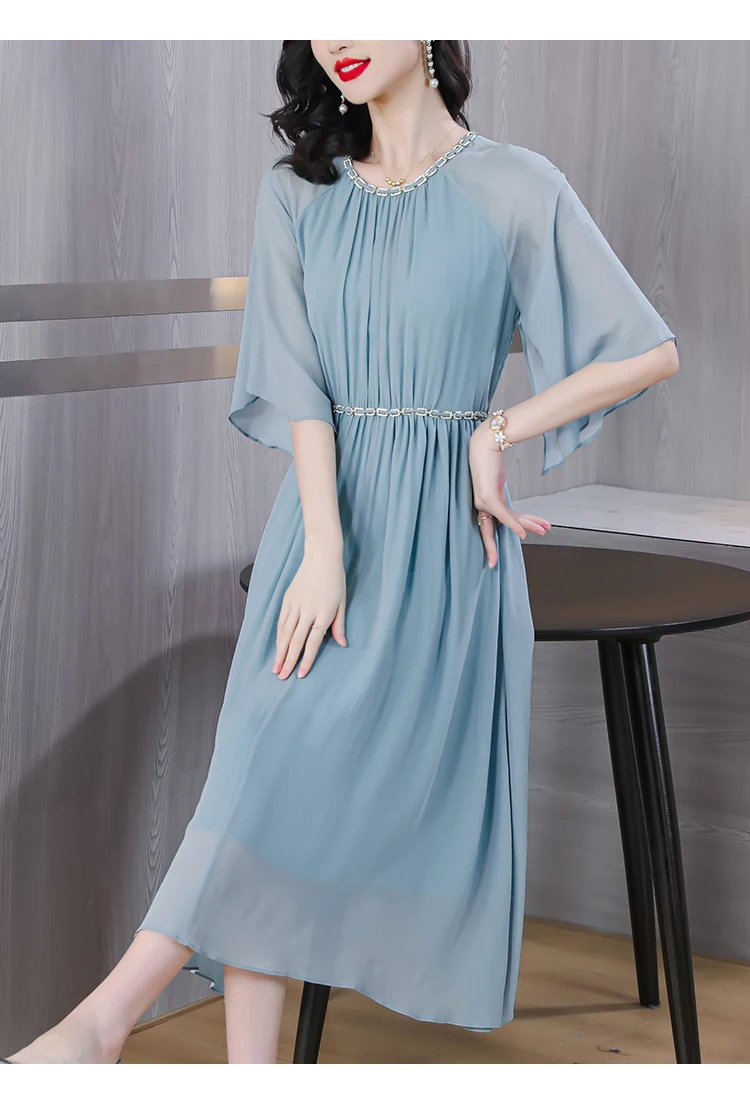 Лятното модно универсално коприна однотонное рокля за жените 2023 година, ново винтажное рокля с кръгло деколте свободно, намаляване, ежедневното премяна за партита