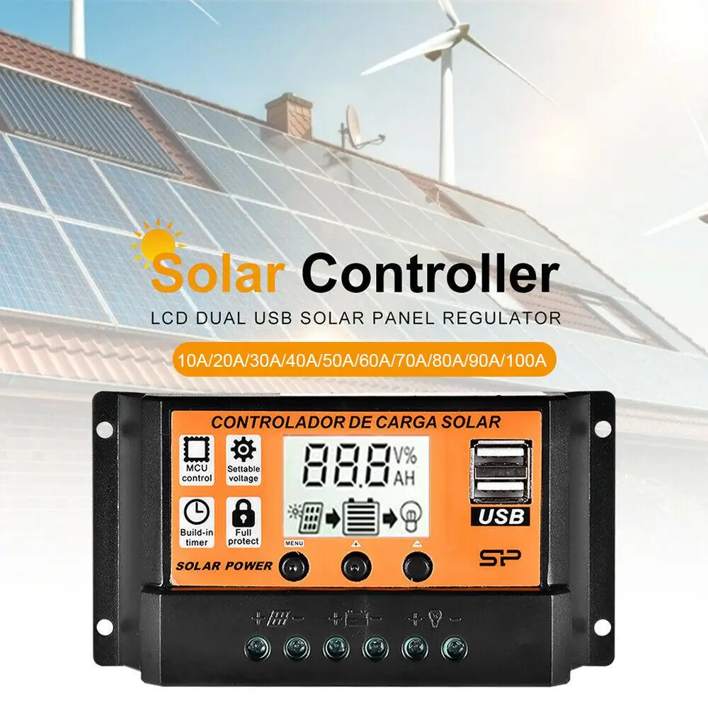 100A Контролер за зареждане на Слънчеви панели Контролер 12/24-Регулируем LCD дисплей Регулатор Батерии Соларни панели с USB порт