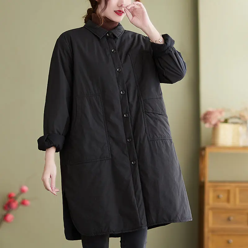 Пролетно-зимно яке дамски однотонная, с отложным яка, от памук, приятна, свободна, голям размер, ризата е със средна дължина, тенденция палто M1808