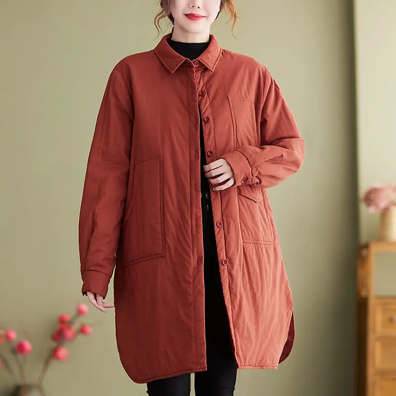 Пролетно-зимно яке дамски однотонная, с отложным яка, от памук, приятна, свободна, голям размер, ризата е със средна дължина, тенденция палто M1808