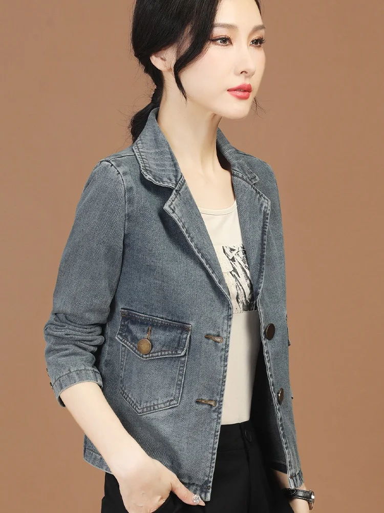 Дънкови якета с яка и дълги ръкави за жени, пролетно новост 2023, корейската мода, универсална фина яке, ежедневни блузи, дамски дрехи