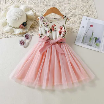 Бебешка рокля от тюл с цветен печат за малки момичета, лятна рокля-жилетка в стил мозайка с цветна мрежа, розова рокля с лък, празнична рокля без ръкави
