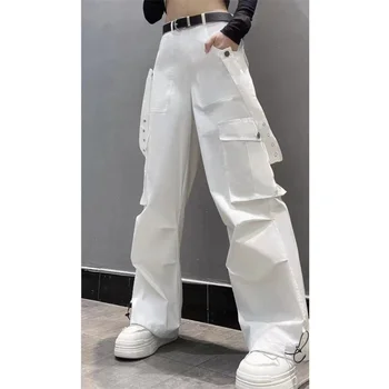 Бели панталони-карго, дамски панталони-карго, градинска облекло хипи, джоб на веригата, панковские еластични панталони с висока талия, широки панталони корейската мода