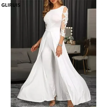 Бял брючный костюм-калъф, сватбени рокли, апликирани, ръкав три четвърти, гащеризон, сватбената рокля на булката, сшитое по поръчка