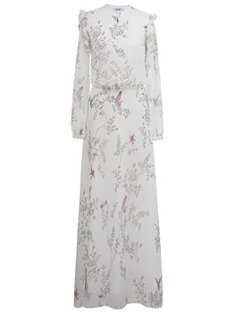 Бялата рокля на жената е пролет и есен от качествен шифон с фрагментира цветове, с дълъг ръкав, висока талия, крайградски почивка 2023, Дизайнер