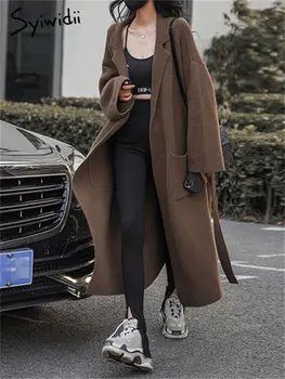 Вязаный тренч Syiwidii за жени, есен-зима 2023, модерен ретро тренч с джобове и колан, ежедневното однотонное свободното си дълго палто