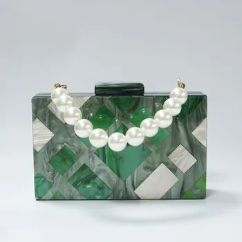 Геометричен Перлено зелено с бежово мозайка шиене ръчно изработени дамски официални клатчи с дръжка от мъниста, акрилна кутия, дамска плажна чанта с капак