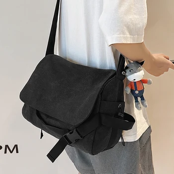 Голям Капацитет-Регулируема презрамка холщовые странични джобове, ежедневна чанта през рамо за мъже и жени за училище, всекидневни дизайн с цип