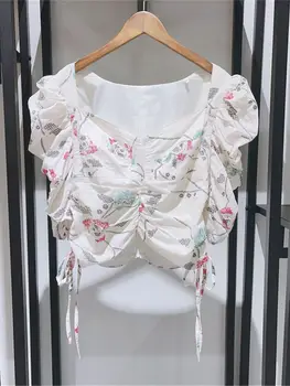 Дамска блуза с квадратна яка, шнур, ръкав-фенерче с флорални принтом, дамски плиссированная риза и Върховете 2023 г., новост