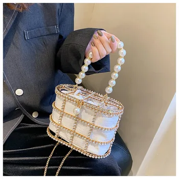 Дамски вечерни чанти-клатчи с перли, луксозни чанти-кофи през рамо, модерен дамски чанти за сватбеното парти в метална клетка