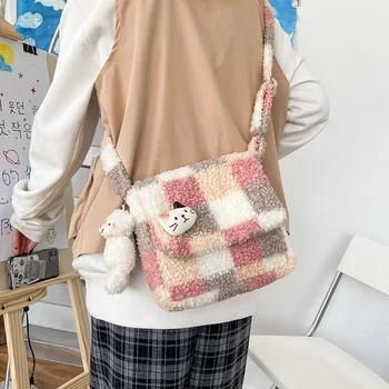 Дамски малък плюшен чанта през рамо в японския елегантен стил, клетчатая чанта през рамо в клетка, всеки ден красиви чанти-незабавни посланици, в чантата си-тоут за момичета